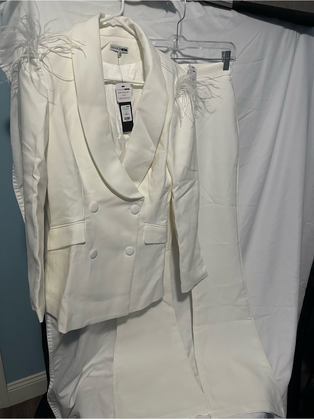 Fashion Nova Ivory Feather-Trim Double-Breasted Blazer with Wide-Leg Pants